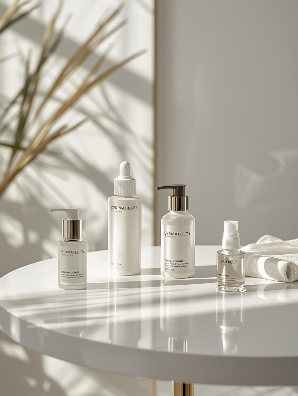 luxury medical grade skincare products arranged on a clean white aesthetic clinic table