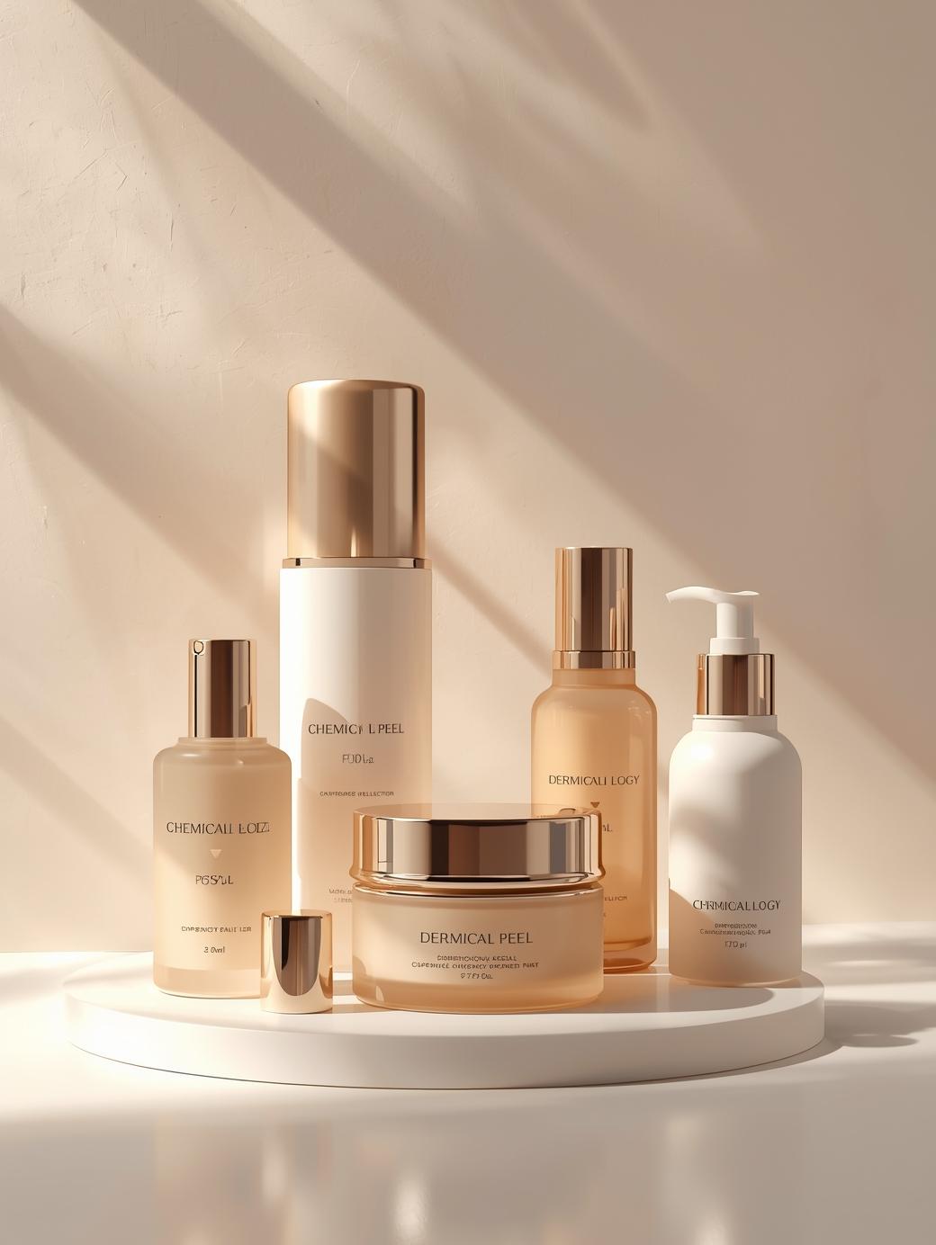 professional dermatology chemical peel skincare products arranged beautifully in a luxury aesthetic clinic setting